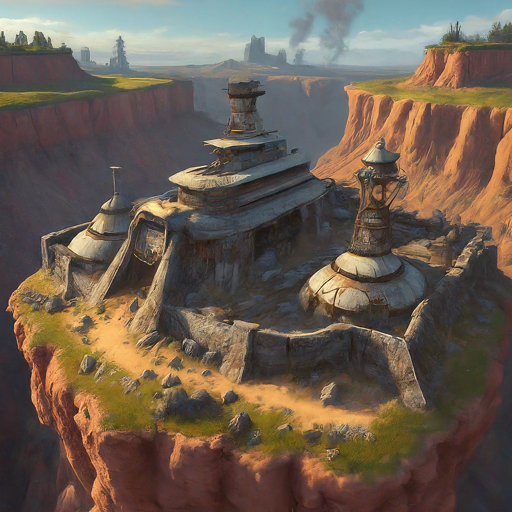 Image of A Palworld base ideas built on a plateau within a canyon, with lookout towers, defensive walls, and strategic resource stockpiles