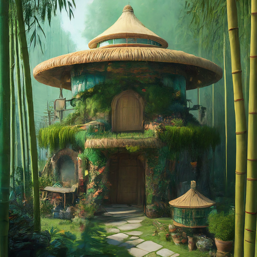 Image of A Palworld base ideas nestled within a bamboo grove, with lush gardens, animal pens, and beehives scattered around