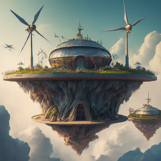 Image of A Palworld base built on a floating island in the clouds, with wind turbines and platforms for flying Pals to land